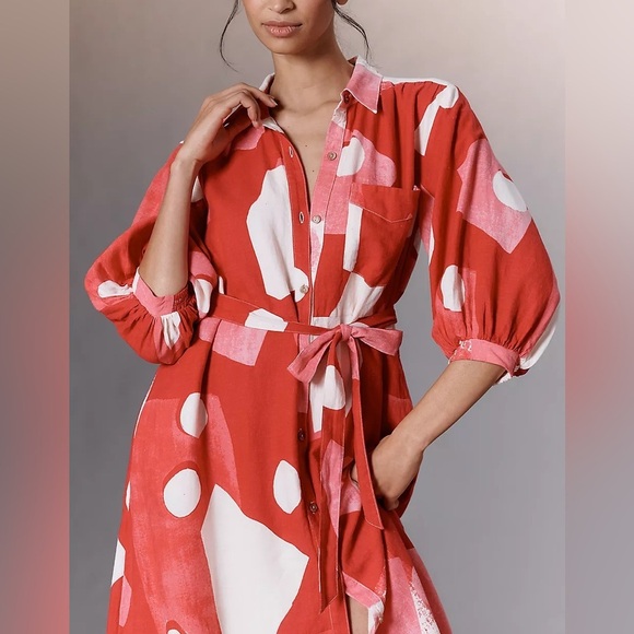 Anthropologie Maeve Linen Red and Cream Patterned Shirt Dress Size S - Picture 5 of 15